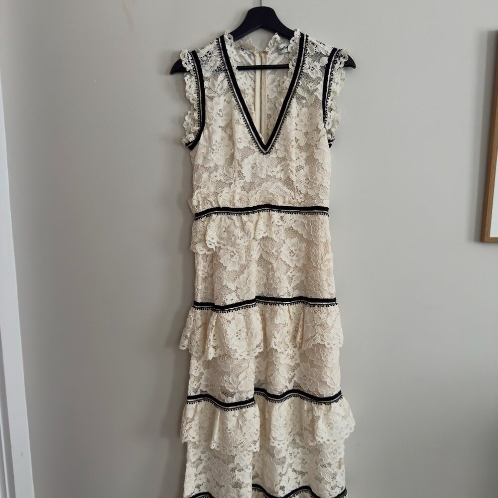Self-Portrait Tiered Lace Midi Dress in Ivory with Black Trim UK8/US4